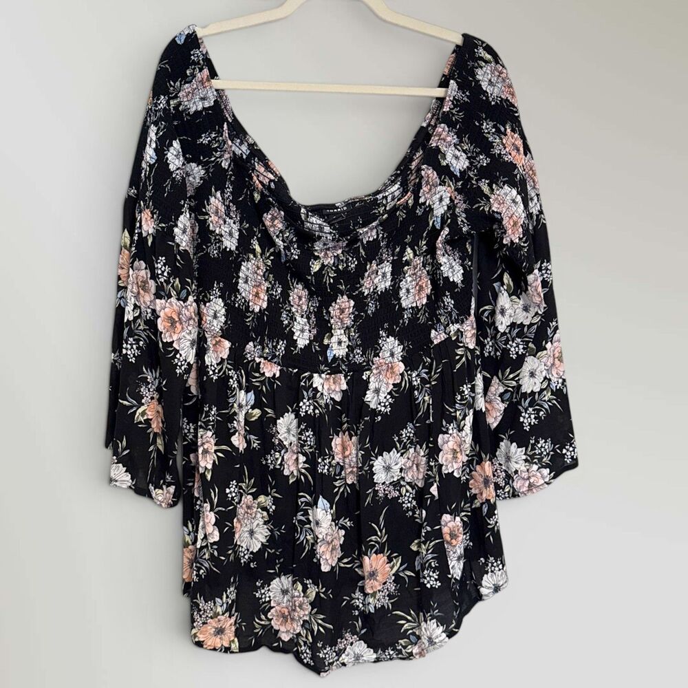Torrid Challis Smocked Off-Shoulder Blouse Babydoll Top Black Floral Size 3X
